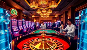 Engage in thrilling sbobet betting action at an upscale casino with vibrant slot machines and roulette.