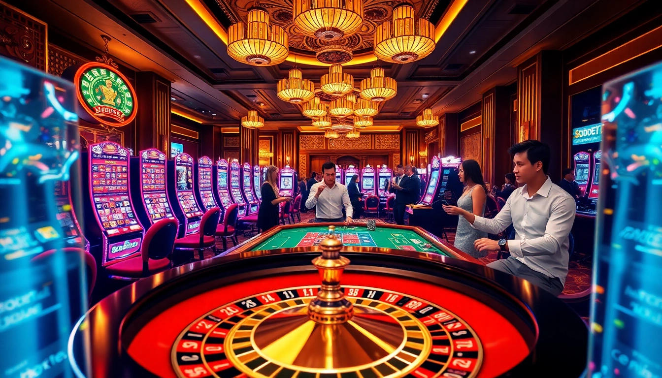 Engage in thrilling sbobet betting action at an upscale casino with vibrant slot machines and roulette.