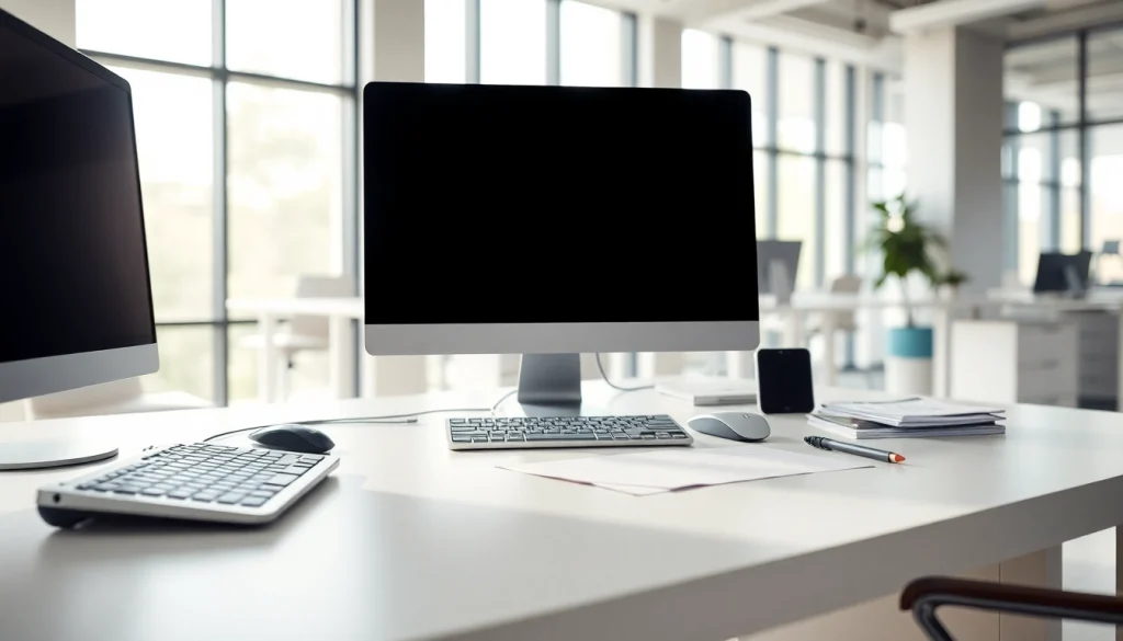 Typing center workstation showcasing an organized and professional setup with modern technology.