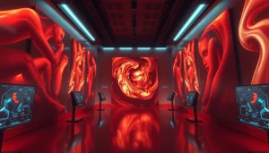 AI NSFW art display in a provocative virtual gallery with dramatic lighting.