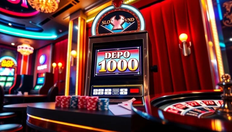 Raih kemenangan mendebarkan di Slot Depo 1000 dengan elemen kasino yang penuh warna seperti mesin slot berwarna-warni dan chip kasino.