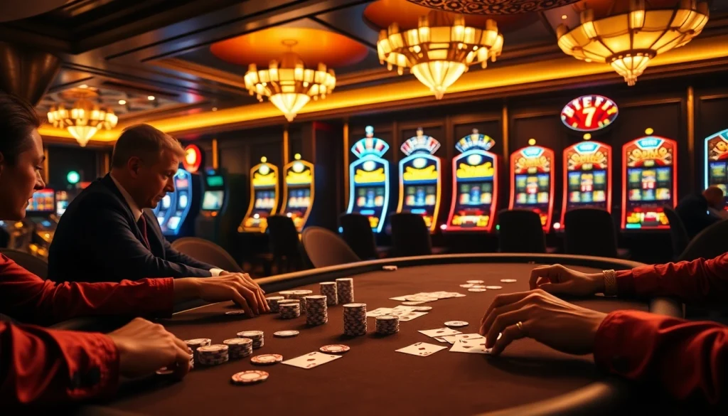 Players enjoying an intense poker game at MK8 casino with vibrant slot machines in the background.