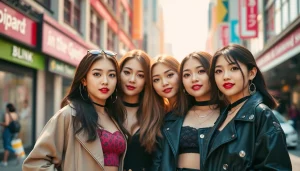 BLACKPINK members Jisoo, Jennie, Rosé, and Lisa posing stylishly in an urban setting.