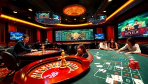 Excited players at nhà cái PS99 engaging with casino tables in a luxurious setting.