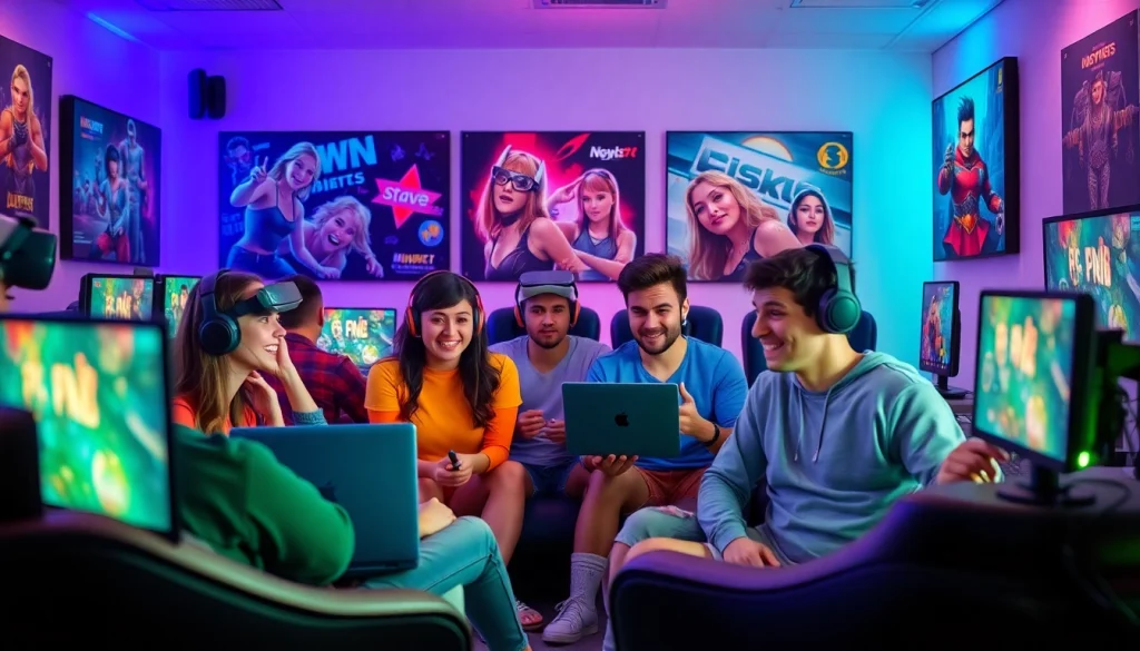 Immersive scene of young adults playing free porn games in a vibrant gaming lounge.