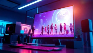 NSFW AI image generator showcasing immersive virtual character interactions in a high-tech workspace.