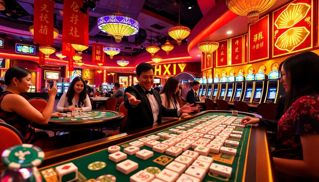 Experience link mahjong excitement in a vibrant casino setting filled with engaging players and elaborate tiles.