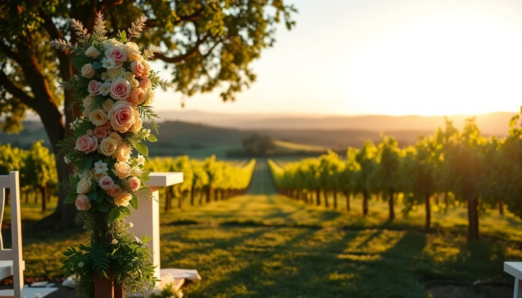 Stunning Clarksburg Wedding Venues setup with floral decor and scenic vineyard backdrop.