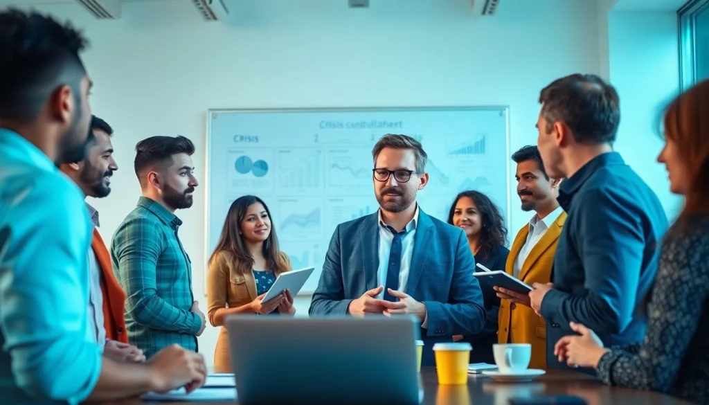 Crisis management consultant leading a diverse team in strategic planning session