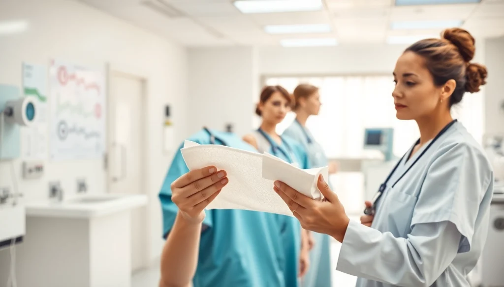 Verpleegkundige katoen stof toont een verpleegster die katoenstof inspecteert voor uniformen.