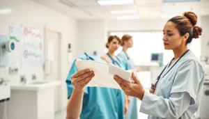 Verpleegkundige katoen stof toont een verpleegster die katoenstof inspecteert voor uniformen.