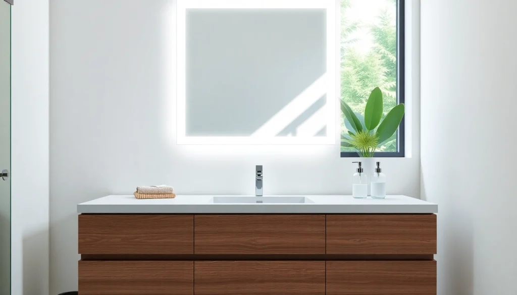 See the beautiful bathroom mirror with led light illuminated in a modern setting that enhances the space.