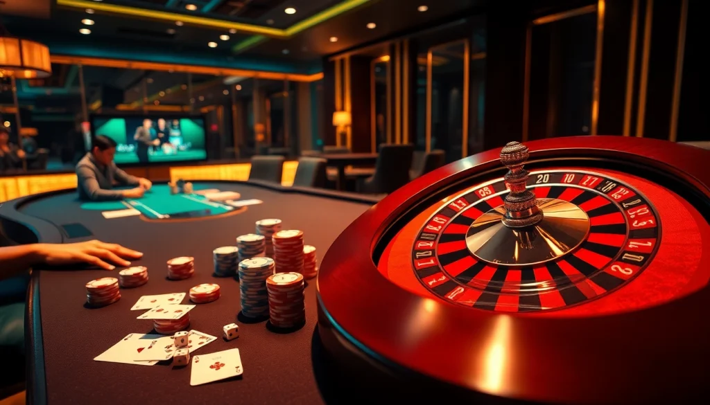 Experience the excitement of 388bet with players at a stylish poker table and roulette wheel.