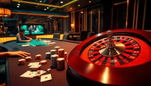 Experience the excitement of 388bet with players at a stylish poker table and roulette wheel.