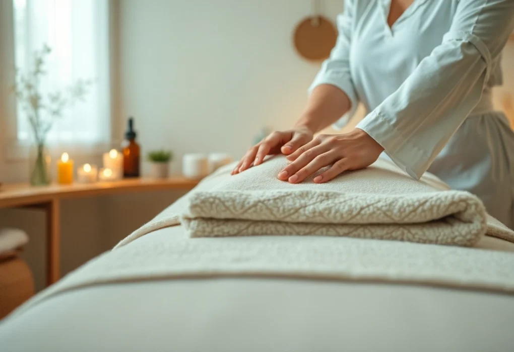 편안한 색조의 고급 대구마사지 장면이 있는 조용한 스파 환경.