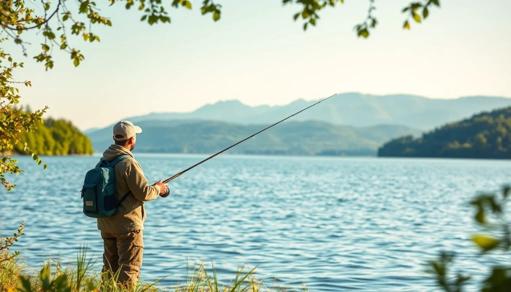 Novice angler practicing fly fishing for beginners by a tranquil lakeside under natural light.