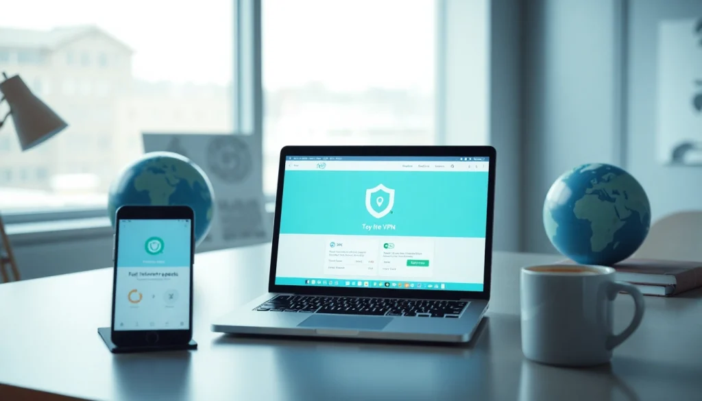 在现代工作区的笔记本电脑上显示的快连 VPN 界面，展示全球互联。