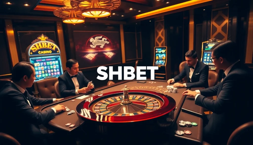 Casino scene featuring SHBET branding with vibrant games, sophisticated players, and luxury atmosphere.