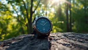 View the Explorer Plus GPS Smart Watch with vivid metrics against a calming nature backdrop.