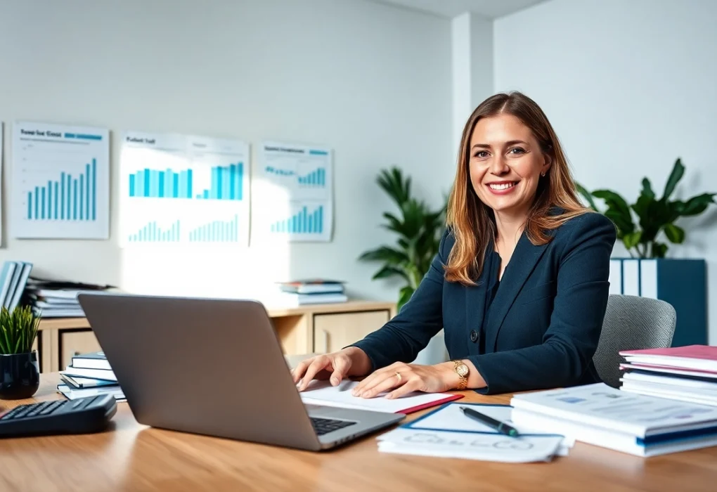 Scena biura księgowego w mieście Poznań z Marzeną Owczarzak, przedstawiająca przyjazny profesjonalizm.