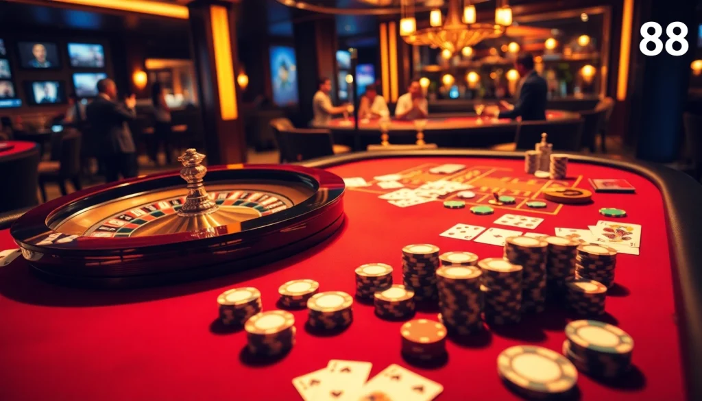Experience thrills at RR88's vibrant casino with roulette, poker chips, and lively ambiance.