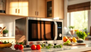 Efficient microwave oven on a kitchen counter, highlighting its modern design and features.