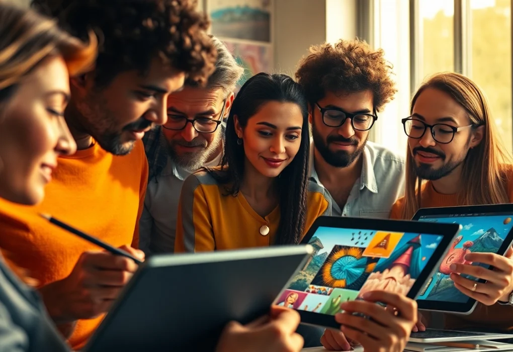 Dynamic artists collaboratively creating using the image to prompt ai tool in a vibrant studio.