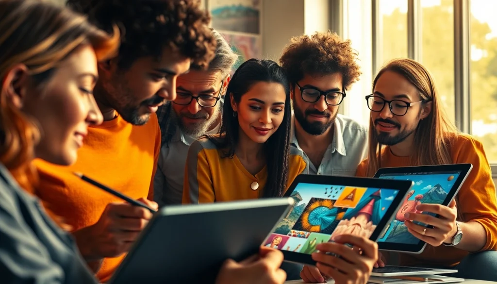 Dynamic artists collaboratively creating using the image to prompt ai tool in a vibrant studio.