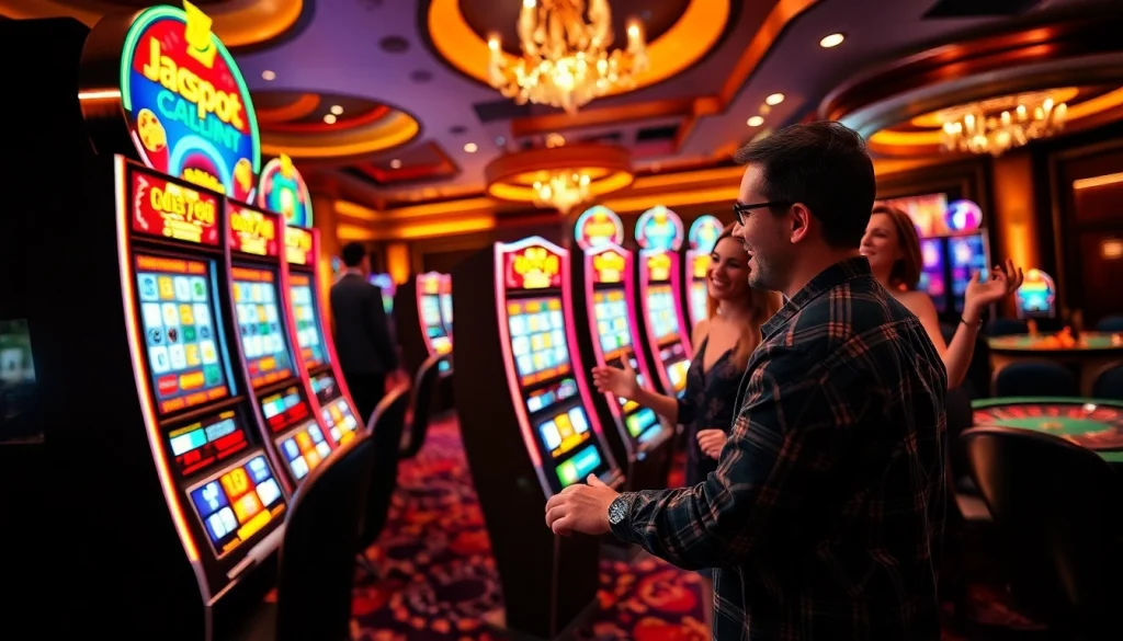 Adegan menarik yang menampilkan para pemain menikmati mesin slot dengan bonus slot 100 sambil merayakan kemenangan besar.