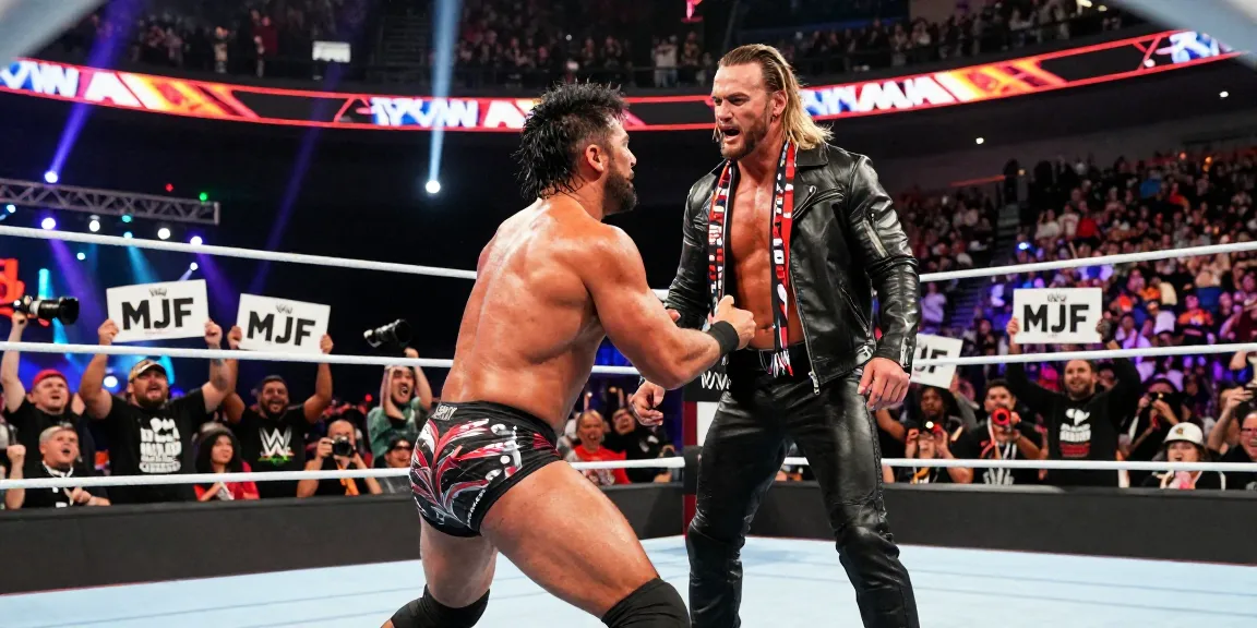 High-energy wrestling match featuring WWE MJF in action with fans cheering passionately.