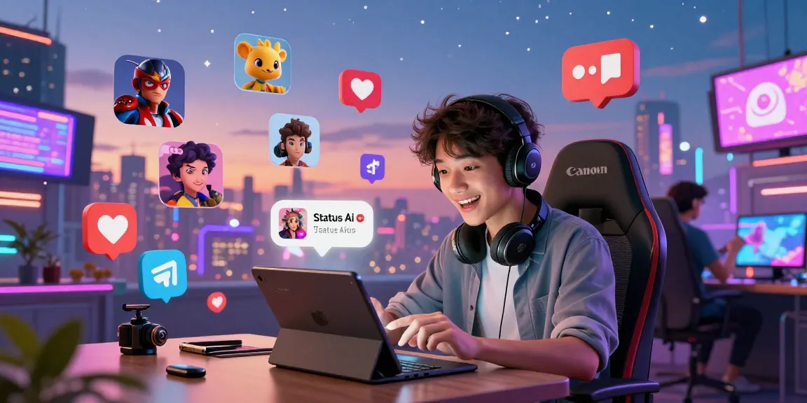 Engaging Status AI scene with diverse avatars and digital interactions showcasing the social media gaming experience.