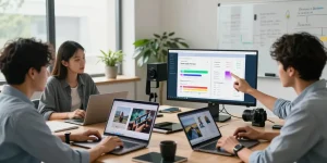Free AI image detector results displayed on monitor during collaborative analysis in a tech workspace.