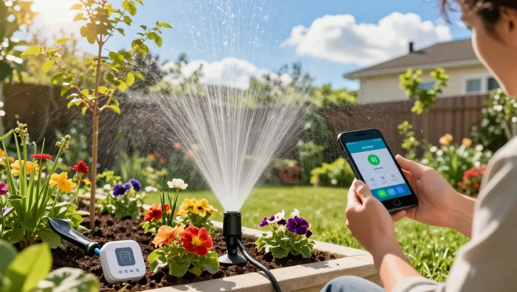 Gardener using a wifi sprinkler controller to maintain vibrant flower beds and trees.