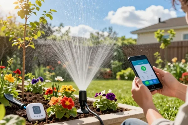 Gardener using a wifi sprinkler controller to maintain vibrant flower beds and trees.