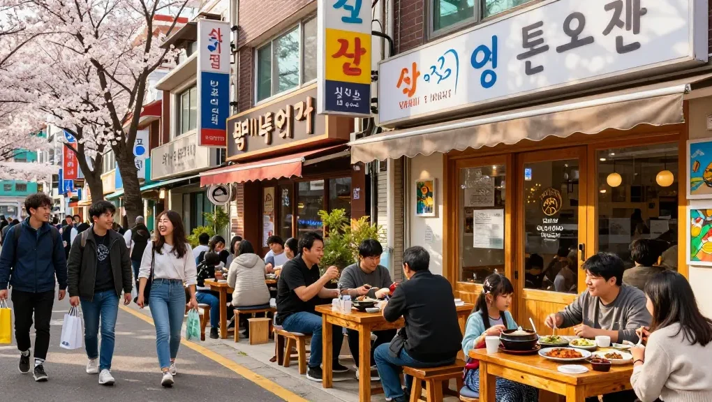 Community gathering at 상봉동 한국관 restaurant celebrating Korean culture.