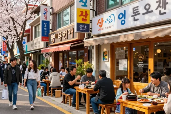 Community gathering at 상봉동 한국관 restaurant celebrating Korean culture.