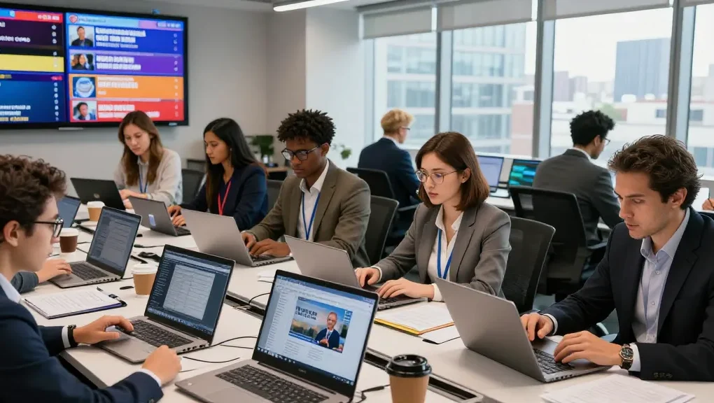 Collaborative newsroom scene on https://www.theindaily.com showcasing journalists engaged in dynamic news reporting.