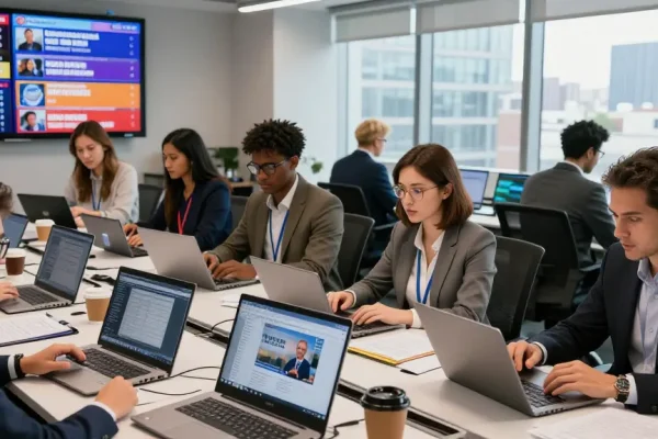 Collaborative newsroom scene on https://www.theindaily.com showcasing journalists engaged in dynamic news reporting.