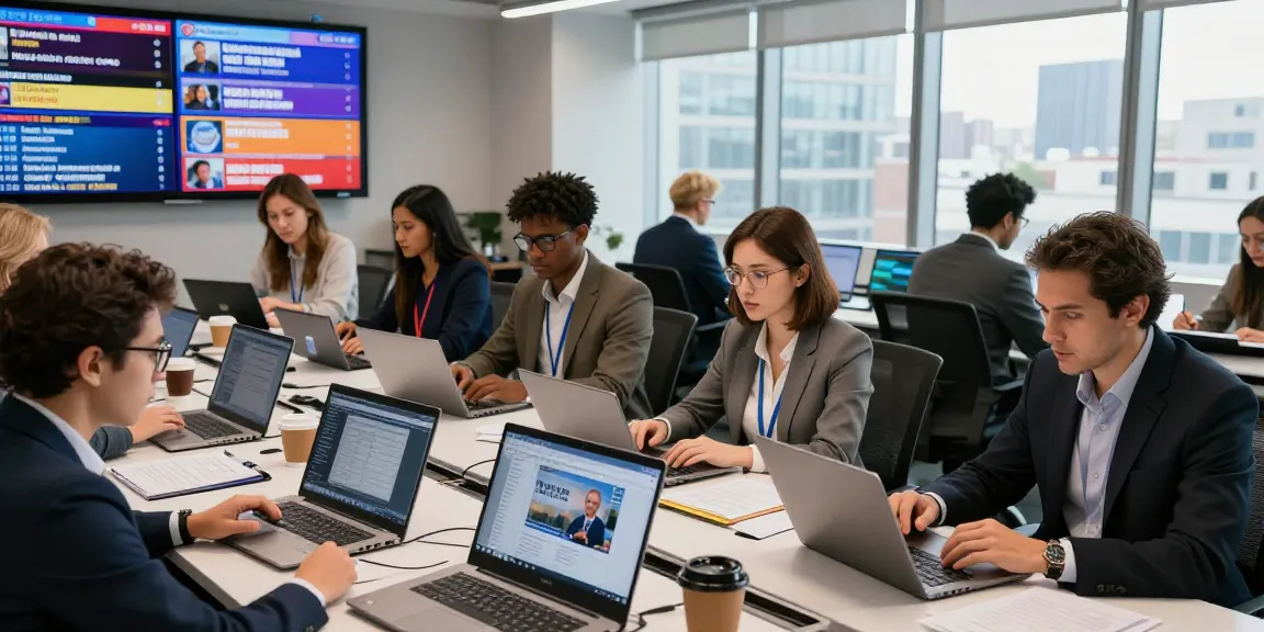 Collaborative newsroom scene on https://www.theindaily.com showcasing journalists engaged in dynamic news reporting.