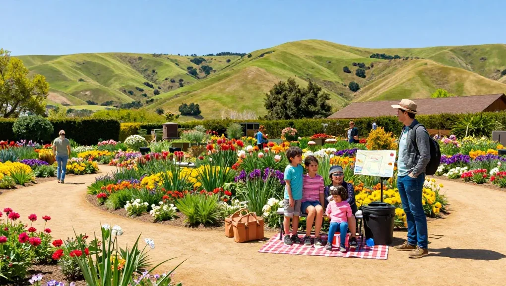 Family enjoying the vibrant Capay Valley Garden Tour at https://www.thecapayvalleygardentour.com surrounded by colorful flowers and lush greenery.