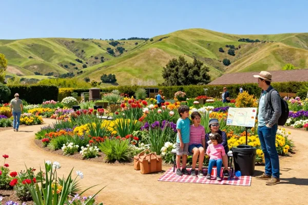 Family enjoying the vibrant Capay Valley Garden Tour at https://www.thecapayvalleygardentour.com surrounded by colorful flowers and lush greenery.